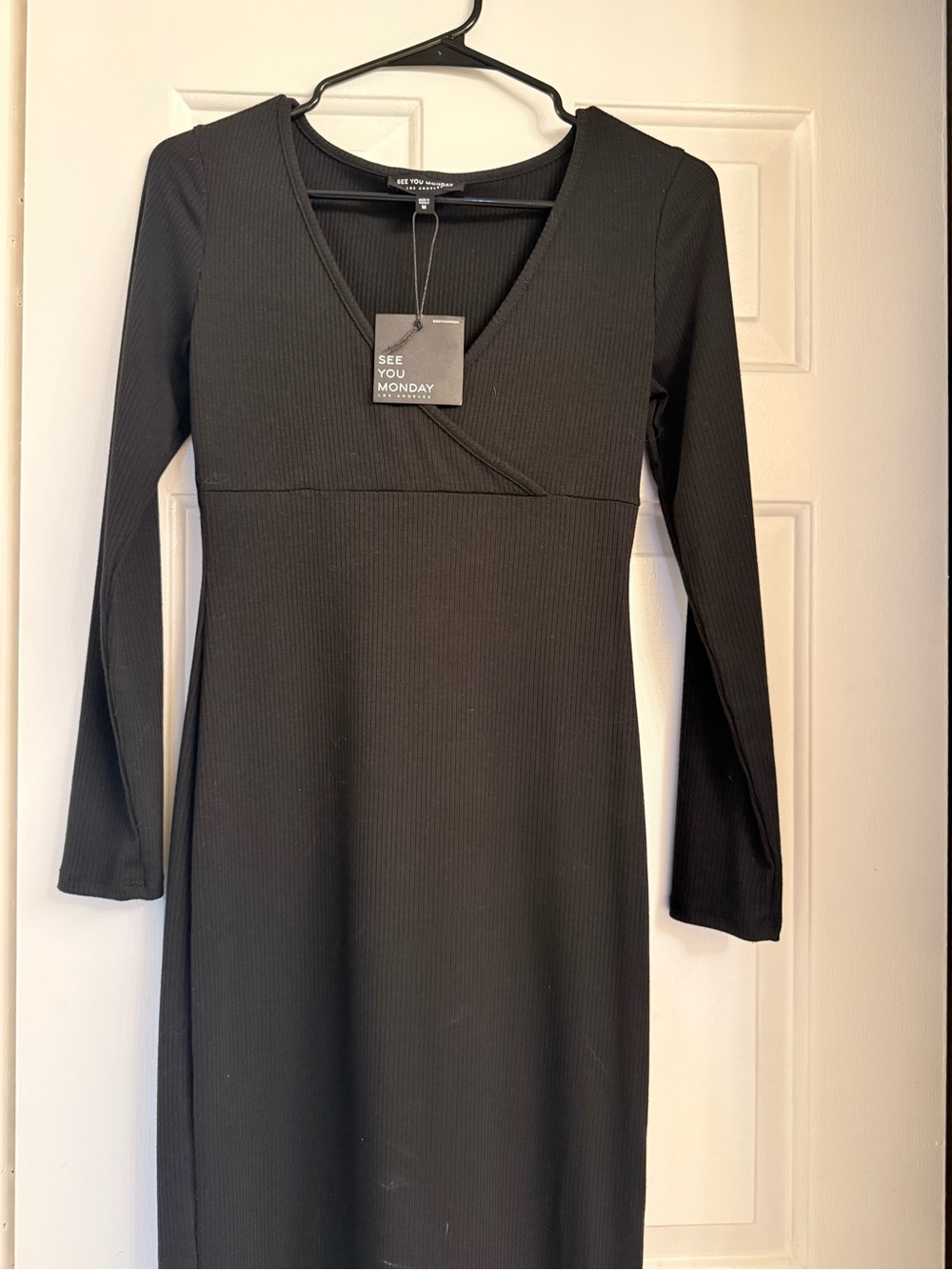 See You Monday Black Ribbed V-Neck Long-Sleeve Dress